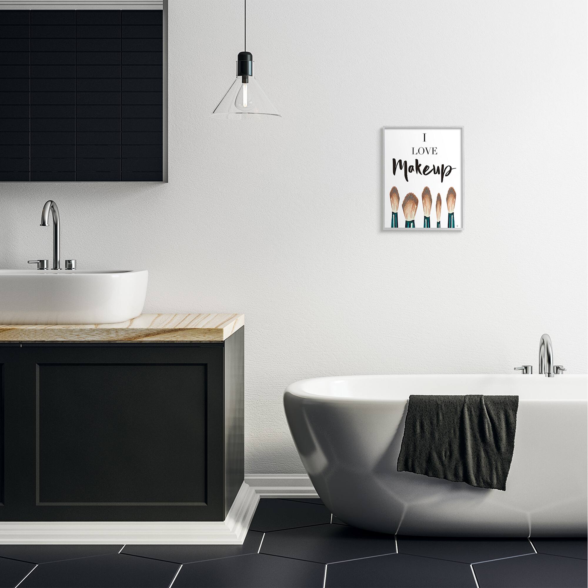 Stupell Industries I Love Makeup Expression Glam Cosmetic Brushes in Gray Frame Wall Art